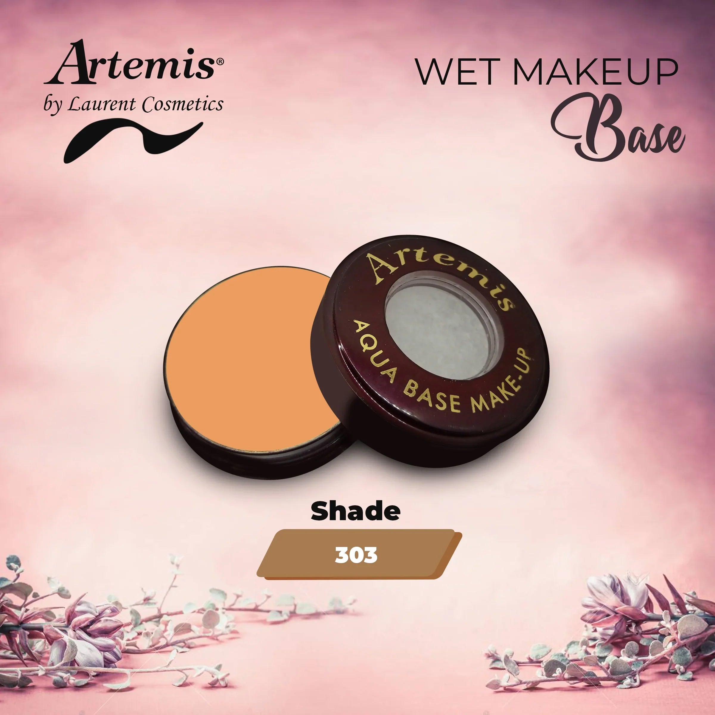 Artemis Aqua Base Makeup shade 303 container on pink floral background, wet makeup base.