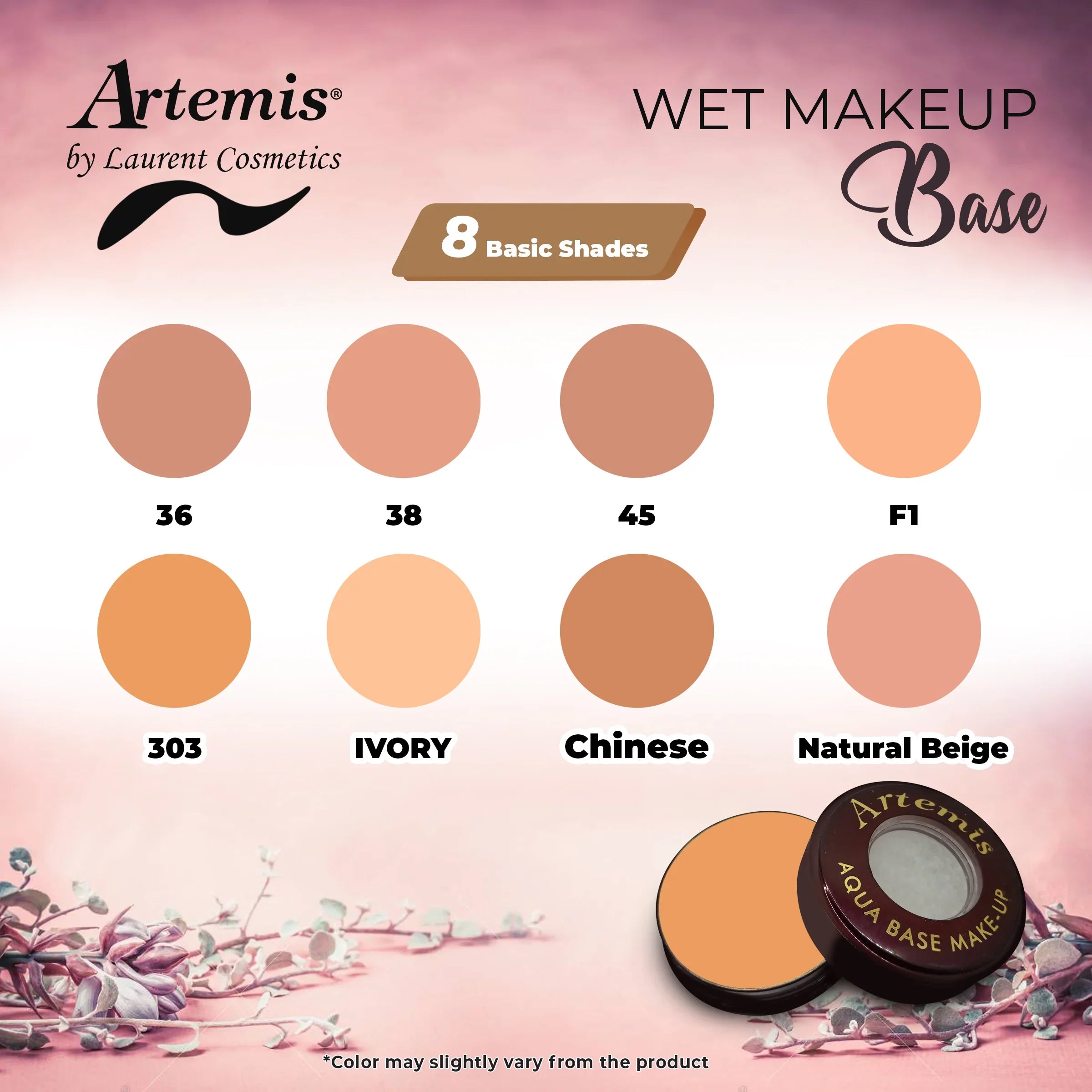 Artemis Aqua Base Makeup shade card with 8 foundation shades and product container.