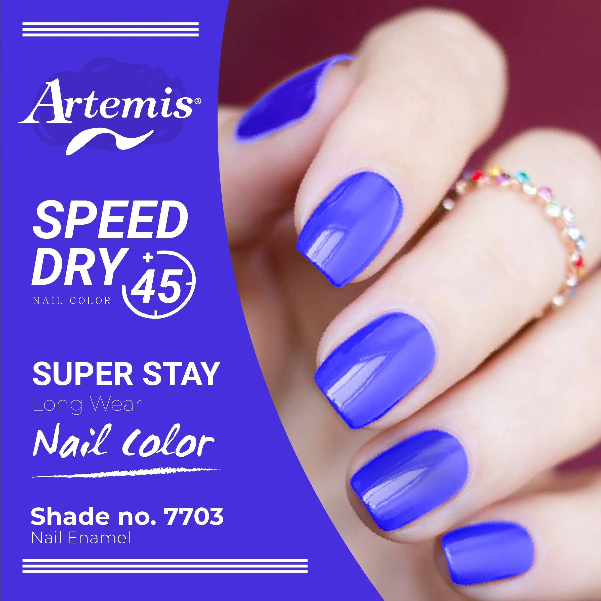 Hand with glossy blue nail enamel, shade 7703, showcasing long wear nail polish.