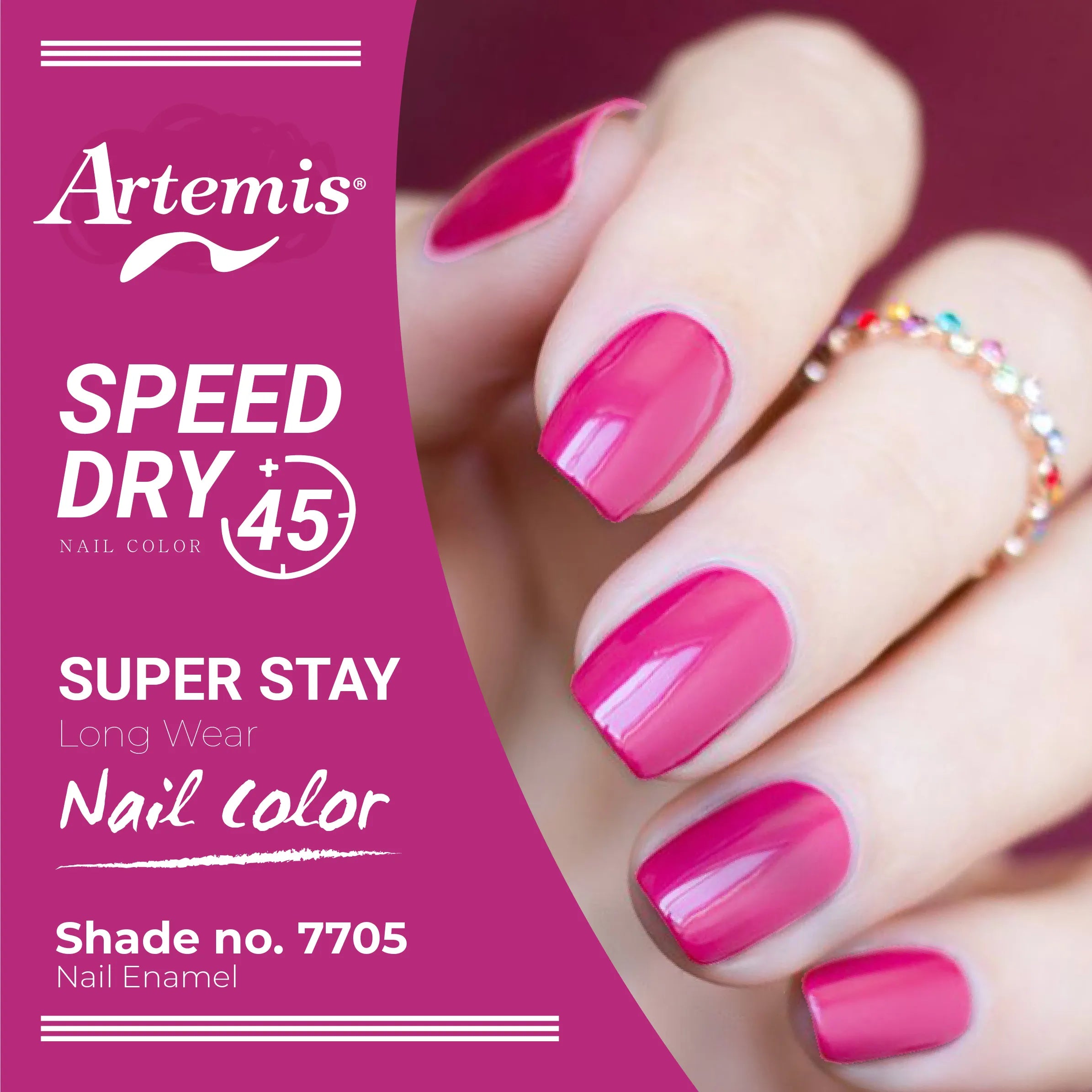 Hand with glossy pink nail enamel, shade 7705, long-lasting and quick-dry nail polish