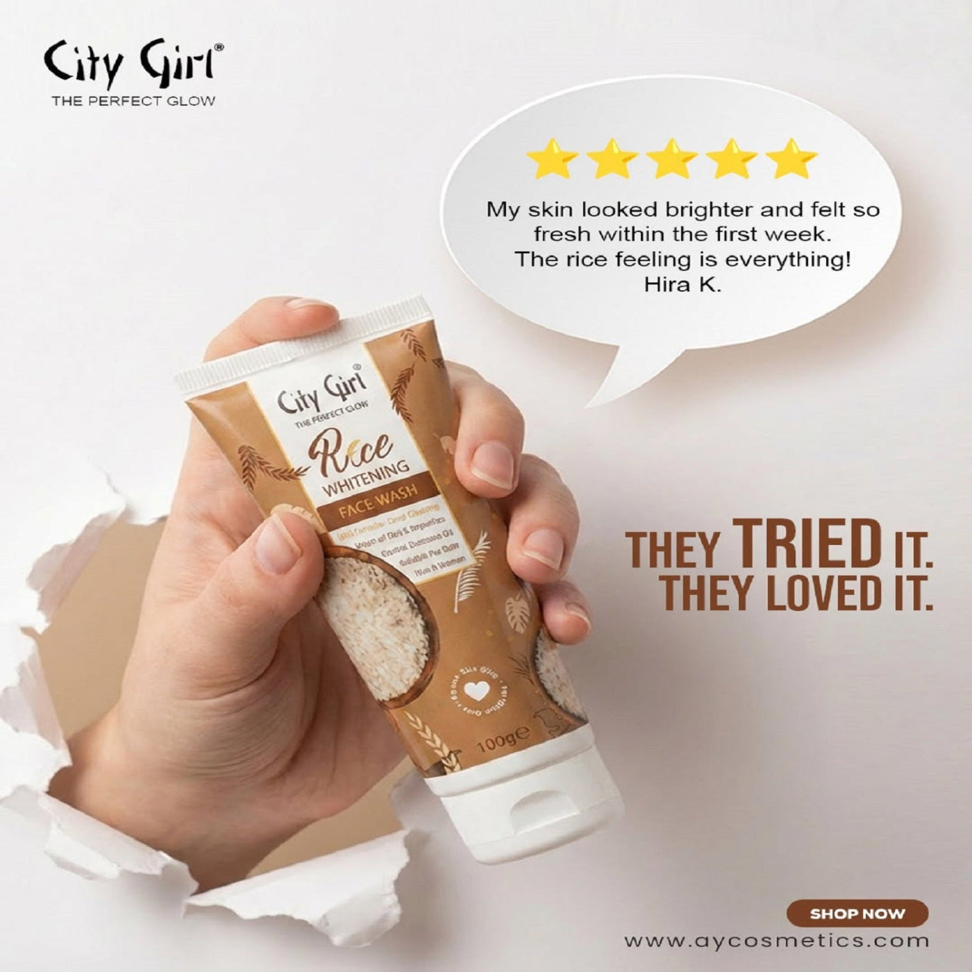Hand holding City Girl Rice Whitening product with customer testimonial on a light background