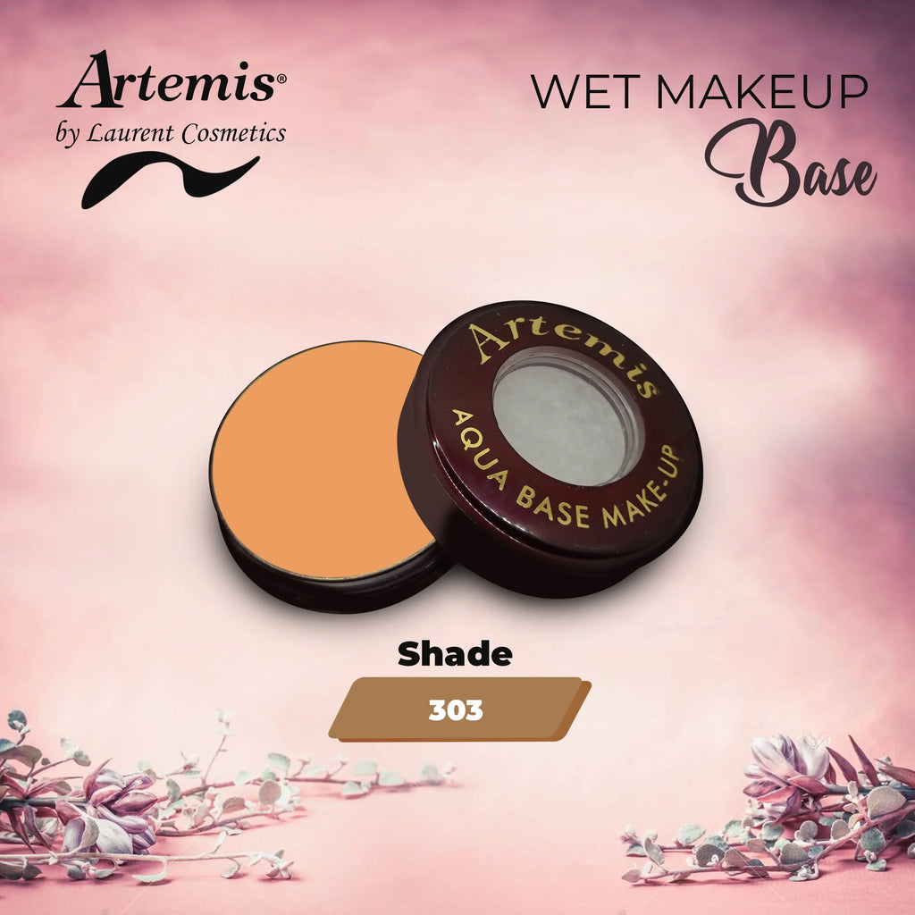 Artemis Aqua Base Makeup shade 303 container on pink floral background, wet makeup base.