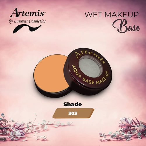 Artemis Aqua Base Makeup shade 303 container on pink floral background, wet makeup base.