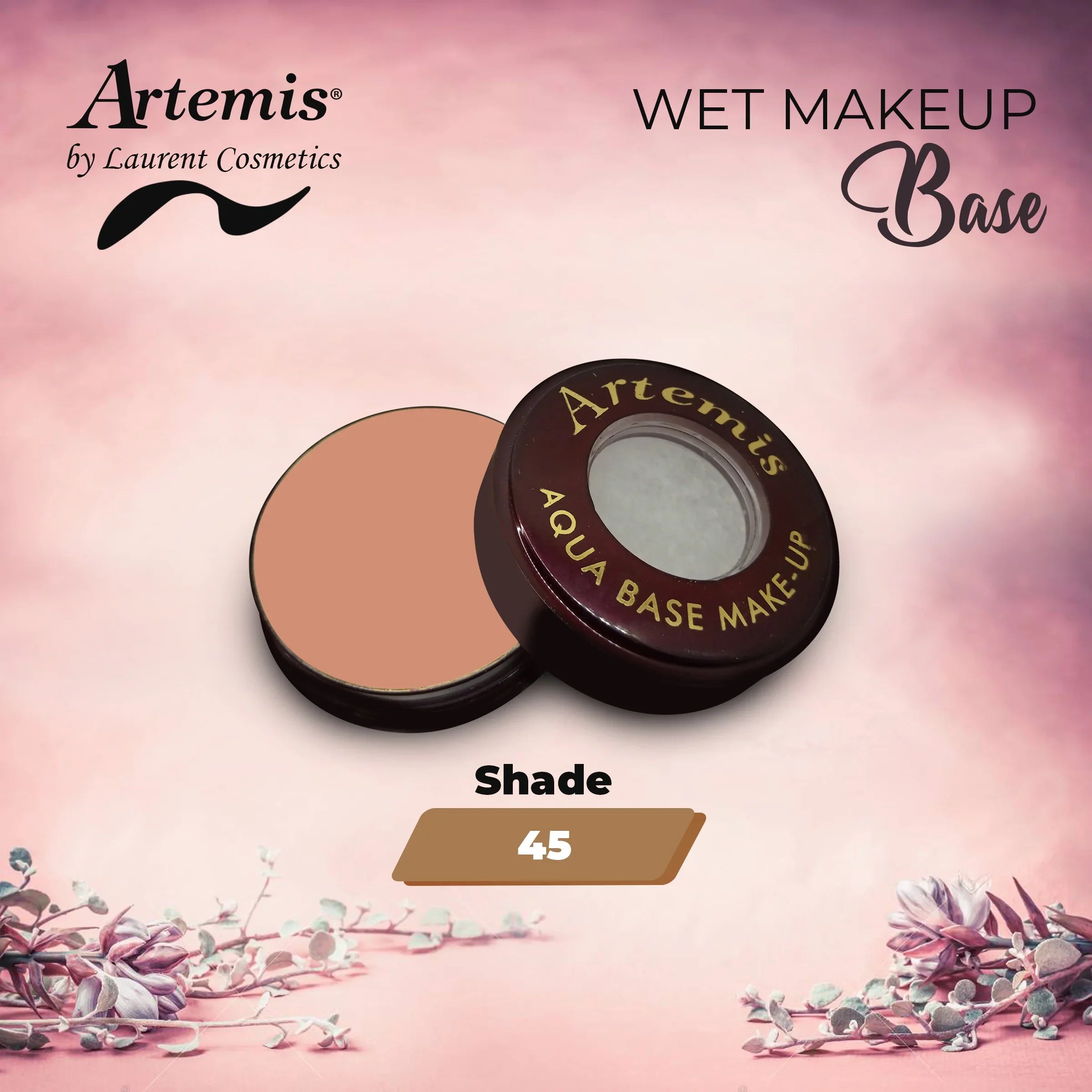 Artemis Aqua Base Makeup Shade 45 shown open on a pink background with floral accents.
