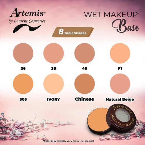 Artemis Aqua Base Makeup shade card with 8 foundation shades and product container.
