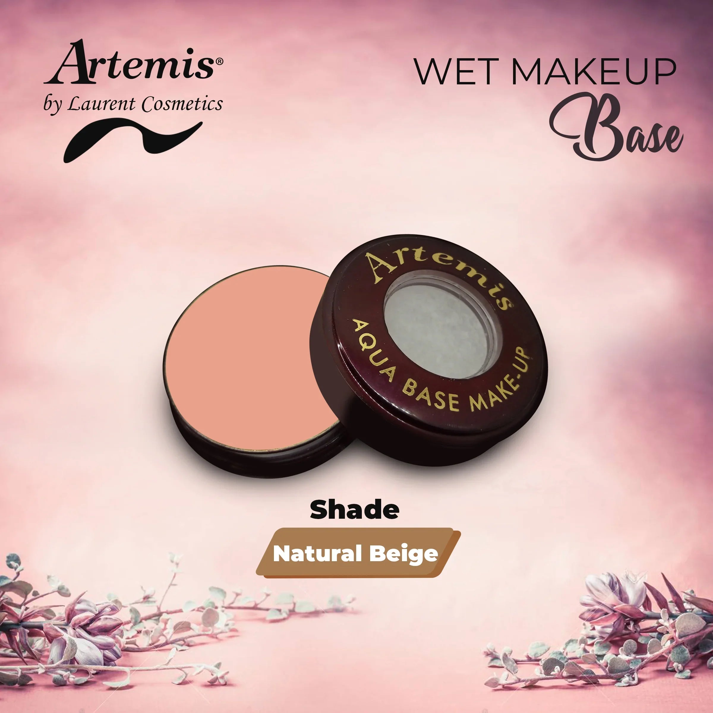 Artemis aqua base wet makeup in natural beige shade, open compact on pink floral background