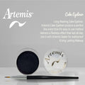 Black cake eyeliner pot with clear lid labeled Artemis and an eyeliner brush on a gray background.