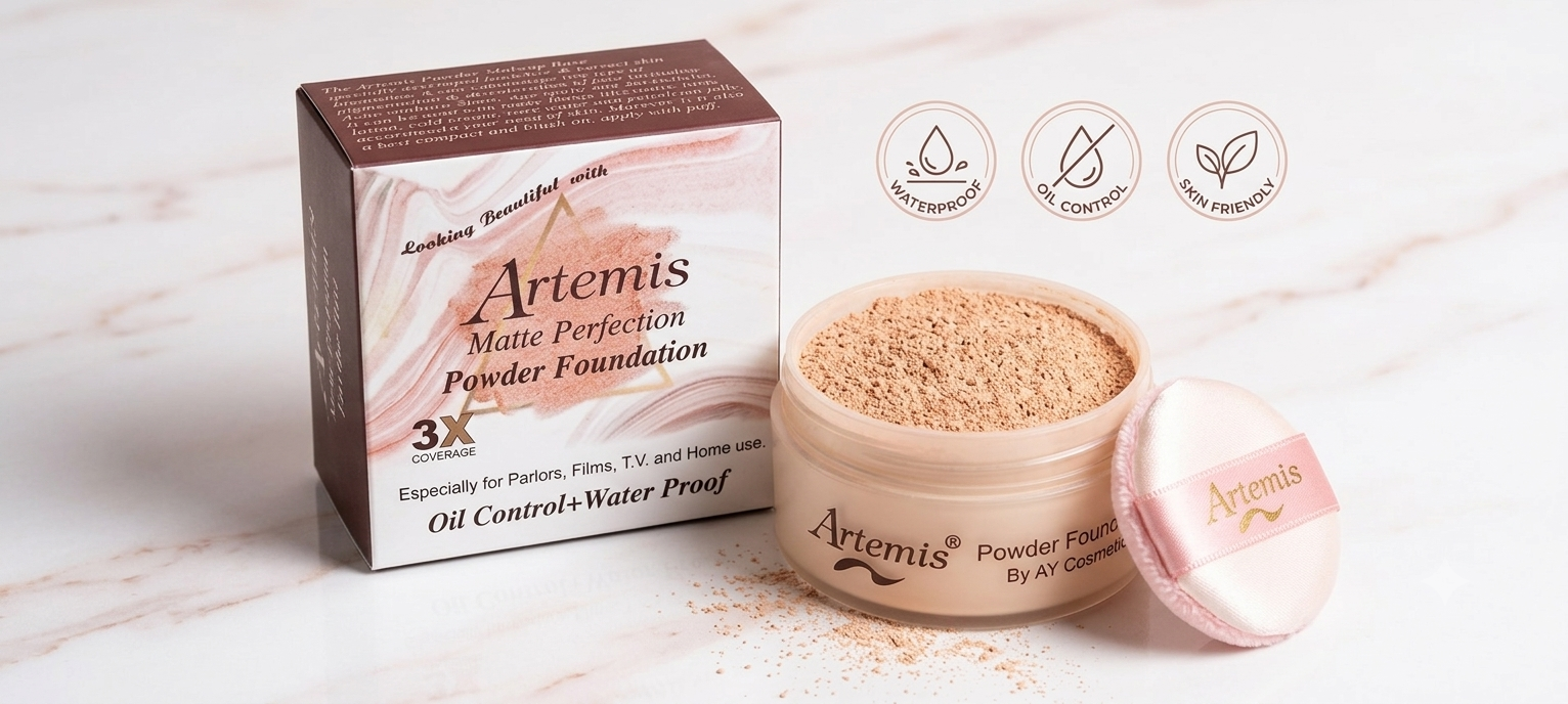 Artemis powder foundation with packaging and product on a light background