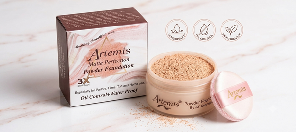 Artemis powder foundation with packaging and product on a light background