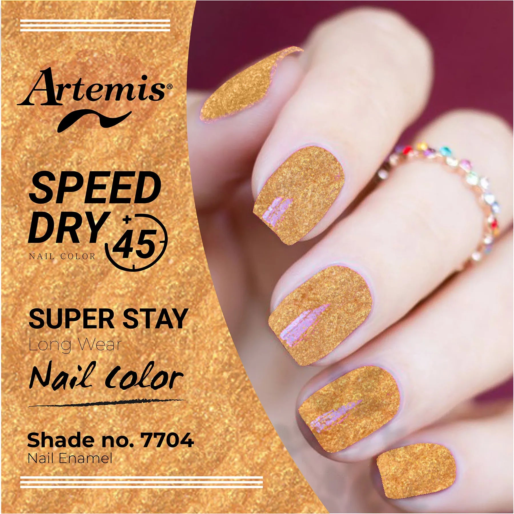 Hand with gold glitter nail polish, shade 7704, super stay, quick dry nail enamel.
