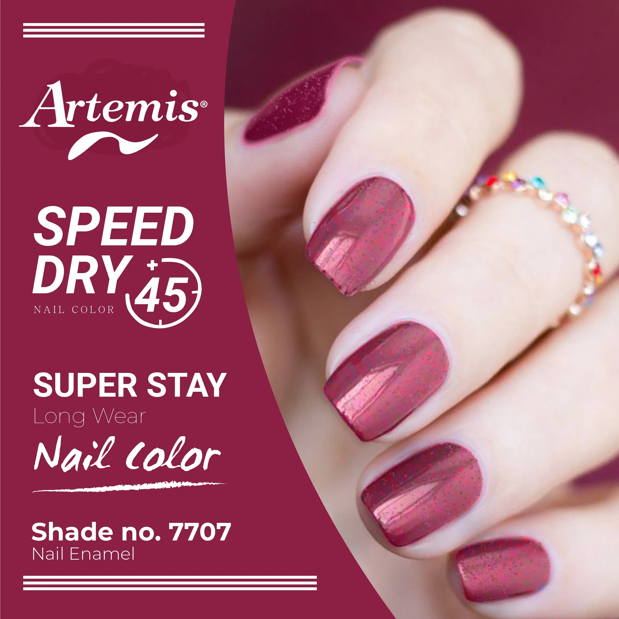 Hand with glossy maroon nail enamel, shade 7707, long wear, fast dry nail color