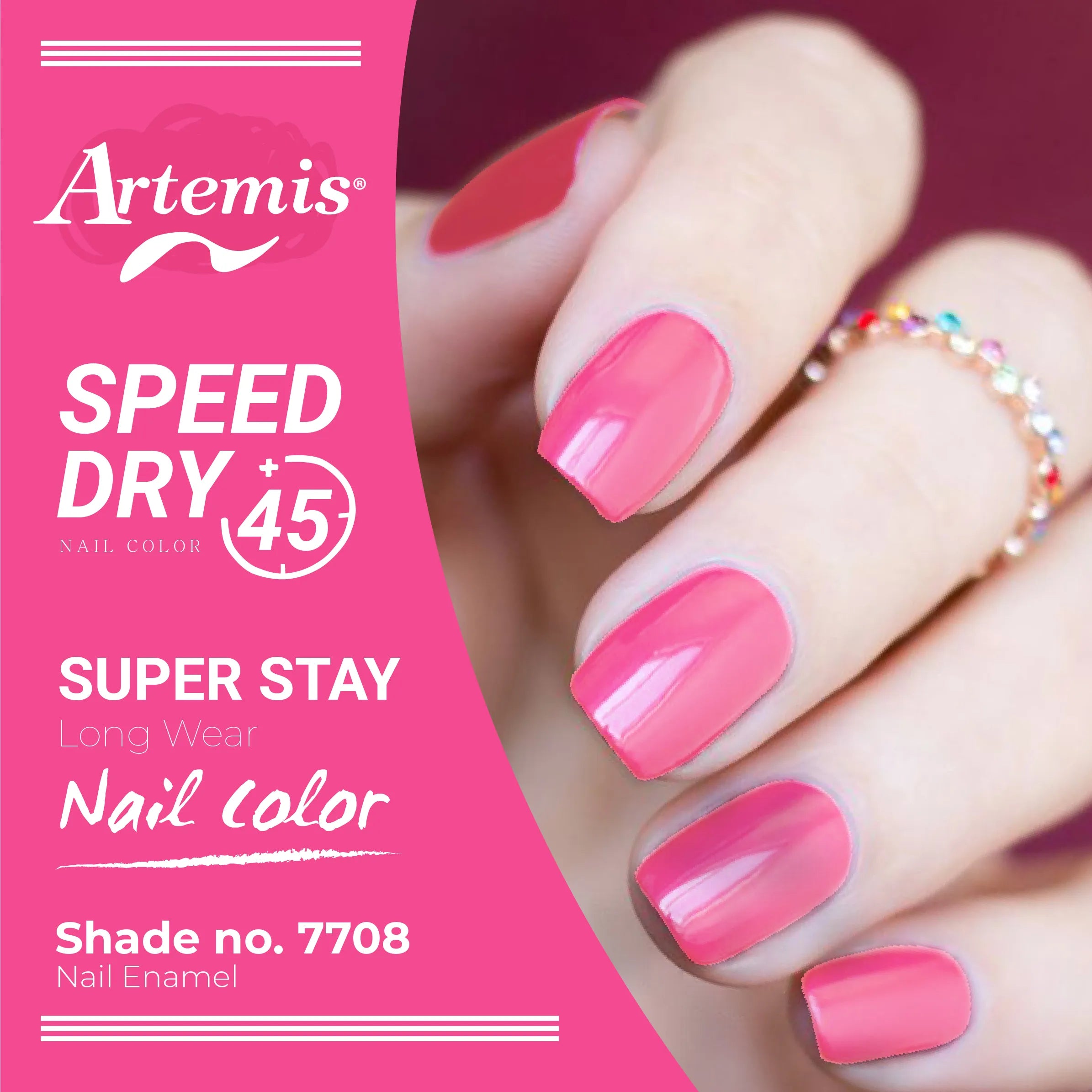 Hand with glossy pink nail enamel shade 7708, super stay, speed dry nail polish