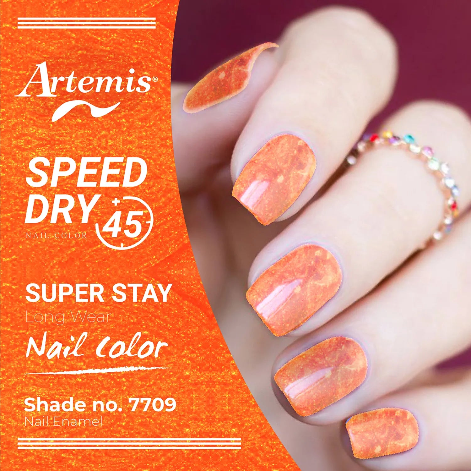 Hand with orange marble nail polish, shade 7709, super stay, speed dry enamel
