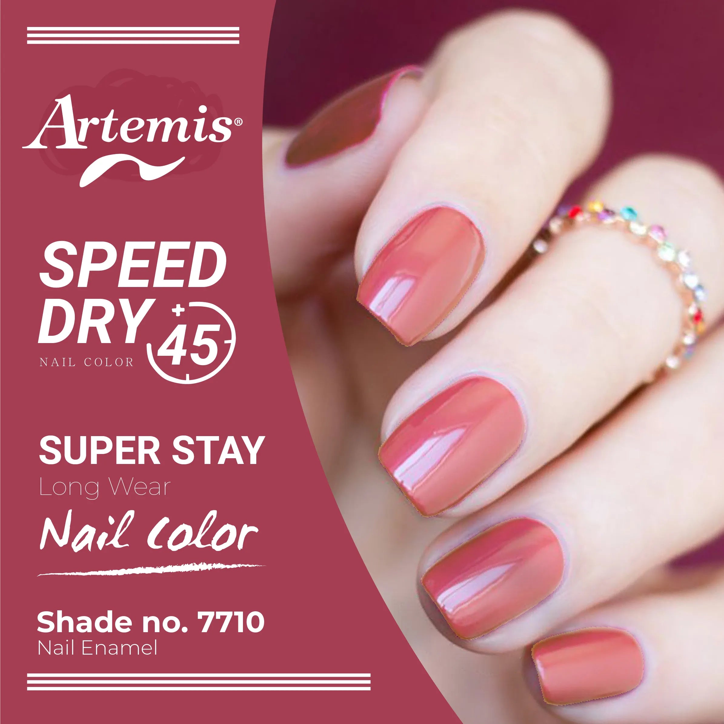 Hand with glossy pink nail enamel shade 7710, long wear, quick dry nail polish.