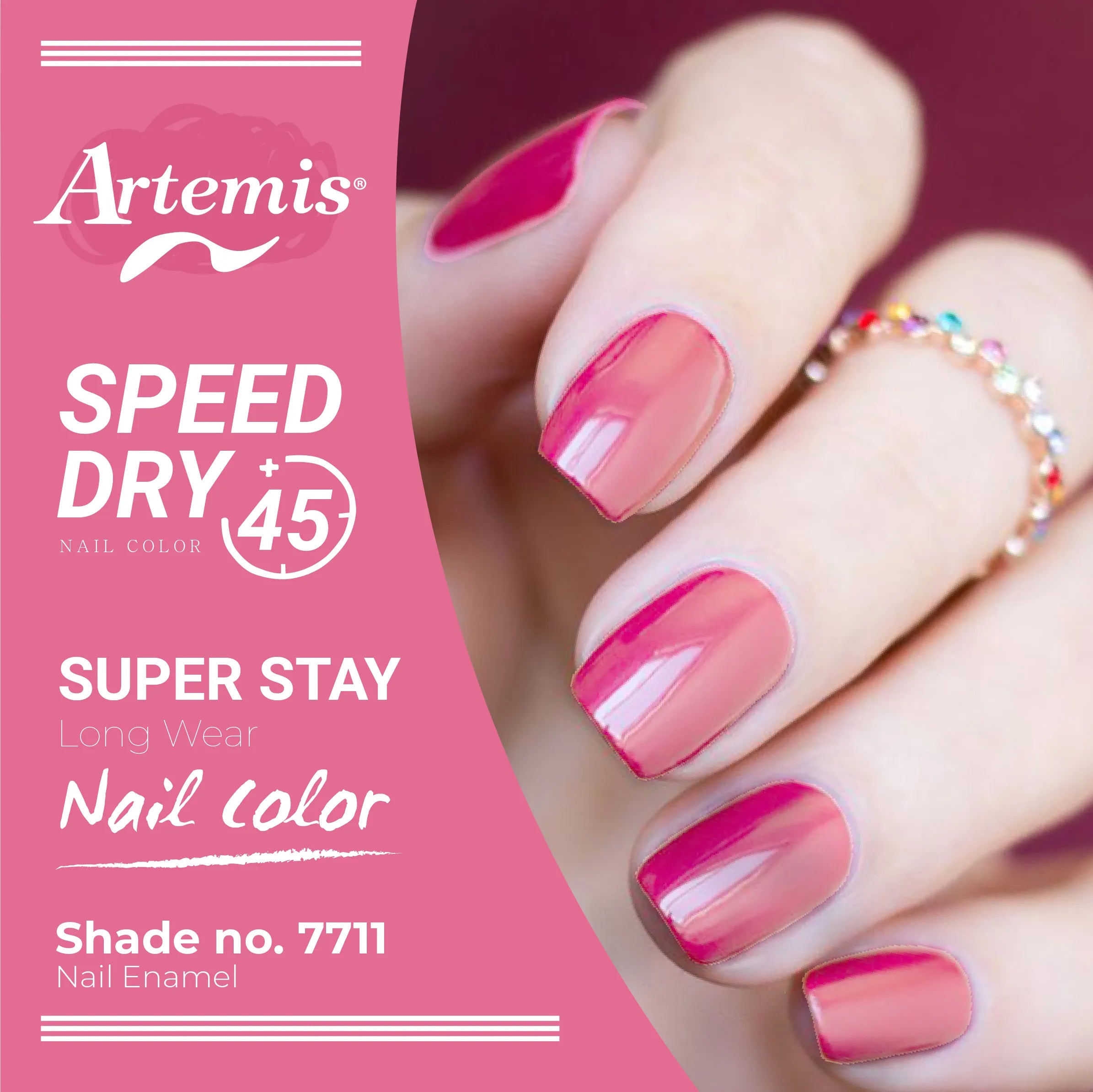 Hand with glossy pink nail polish, shade 7711, super stay, speed dry enamel.