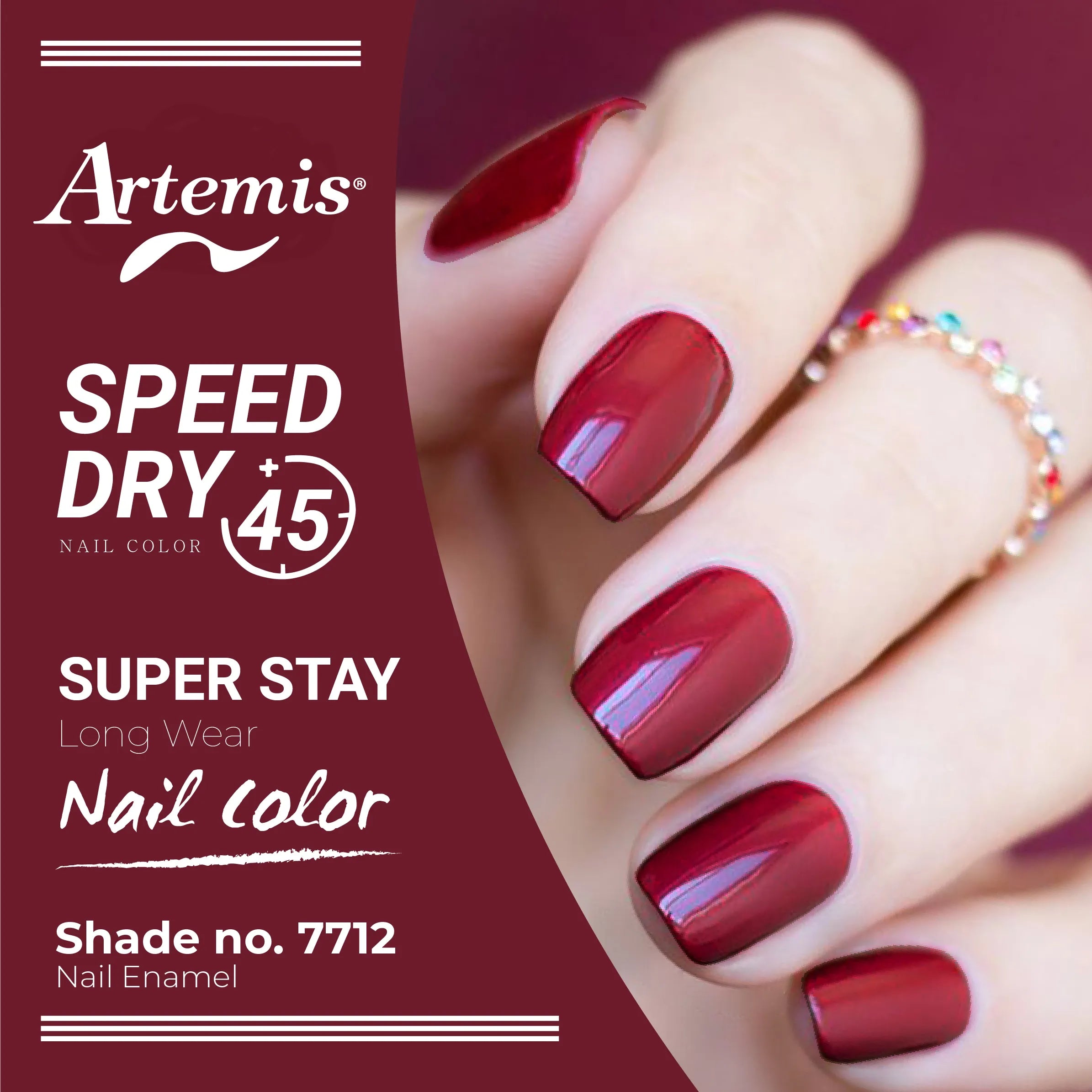 Hand with glossy deep red nails wearing colorful ring, promoting long wear nail enamel shade 7712.