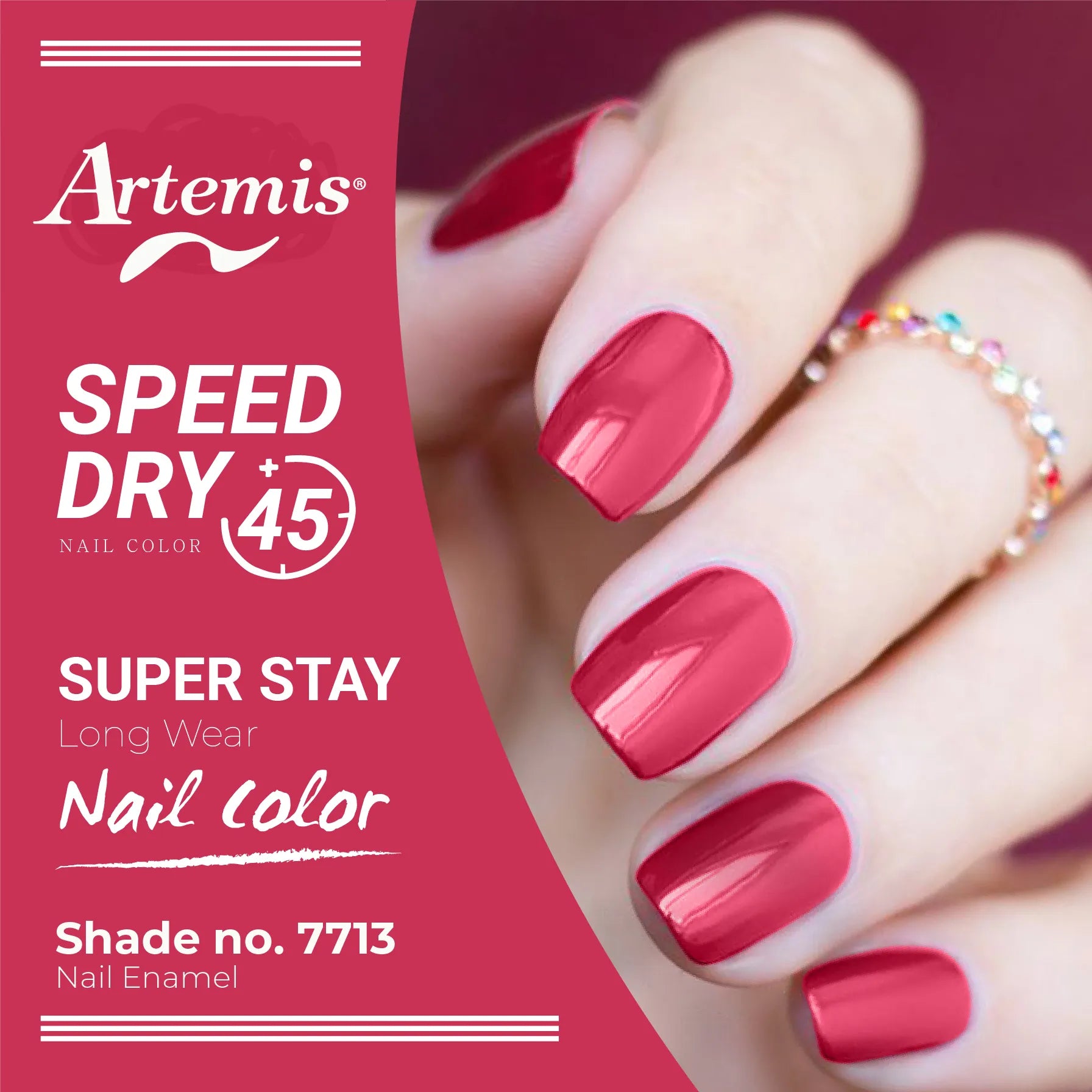 Hand with glossy pink nails wearing beaded ring, promoting shade 7713 nail enamel.