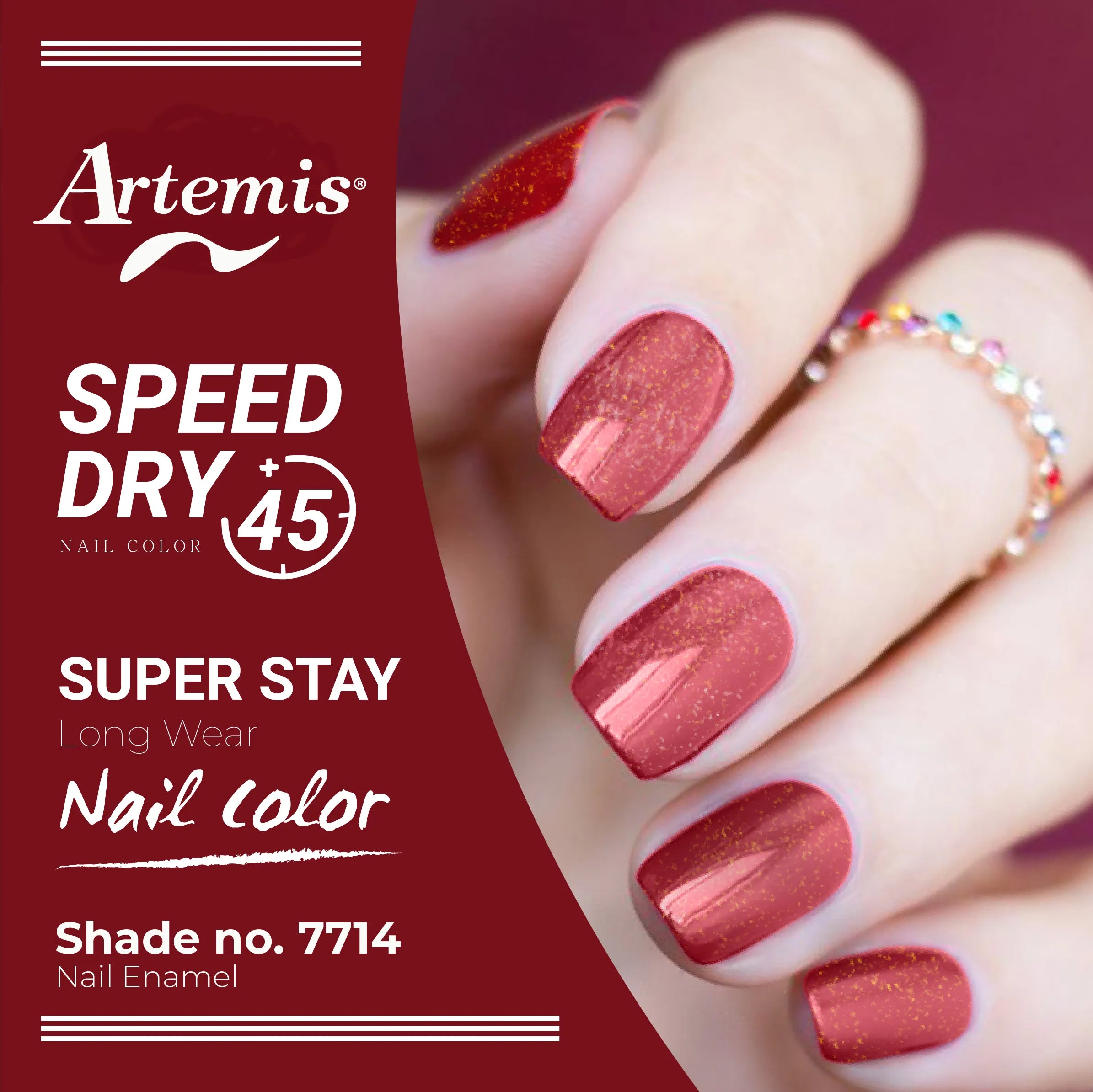 Hand with glossy red nail polish, nail enamel shade 7714, super stay long wear.