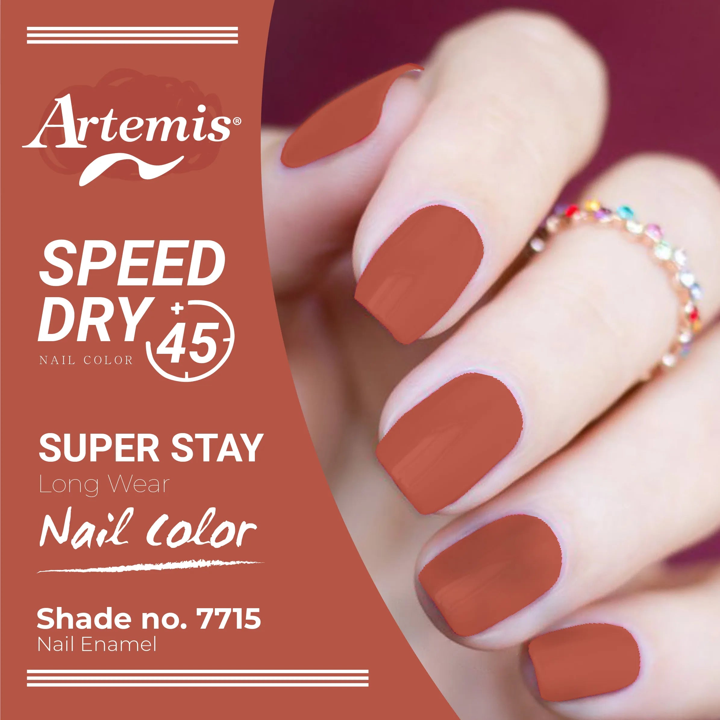 Hand with red matte nail polish, Artemis Speed Dry 45, shade 7715, long wear enamel