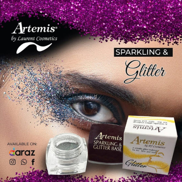 Artemis by Laurent Cosmetics glitter product with eye application and packaging on a glittery background.