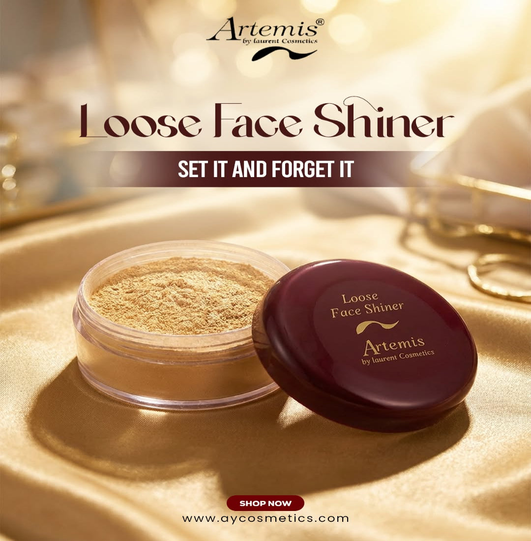 Artemis Loose Face Shiner product on a gold background with promotional text.