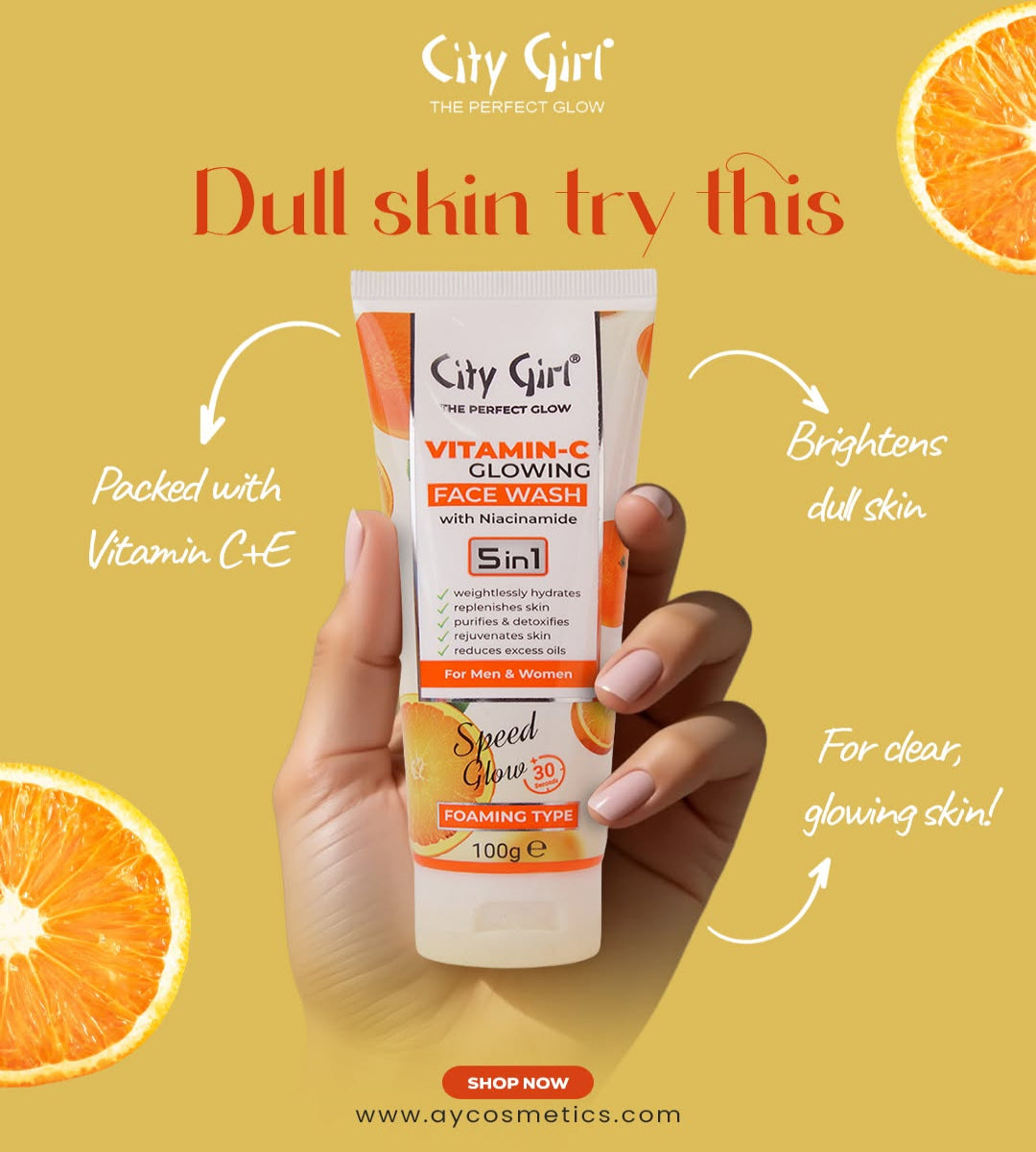 City Girl Vitamin-C Glowing Face Wash with orange slices on a yellow background