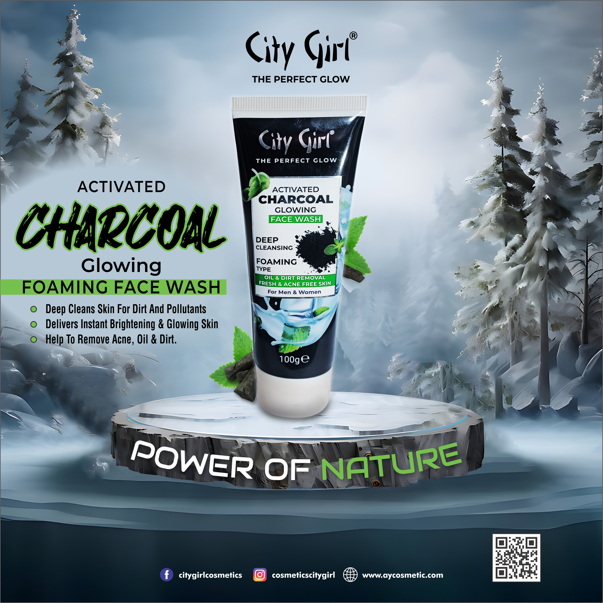 Charcoal Facewash, City Girl Charcoal Facewash, Activated, Charcoal, Glowing, Face wash, Deep Cleansing, Foaming Type, Oil & Dirt Removal, For Men & Women